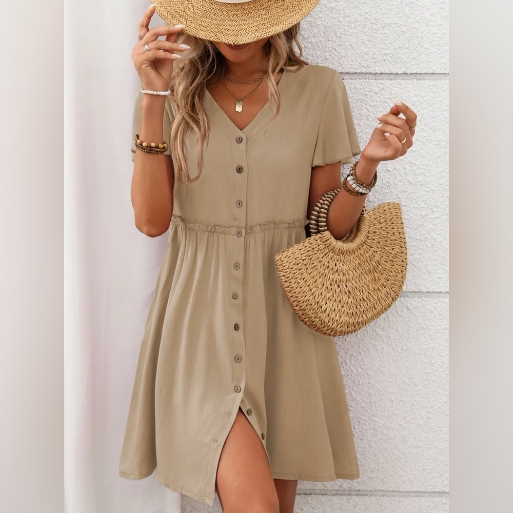 Red Button-Down Flutter Sleeve Mini Dress - Picture 9 of 14